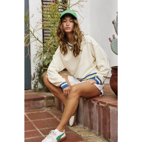 New Free People Rio Crop Sweatshirt in Ivory Combo size Large - Picture 2 of 8